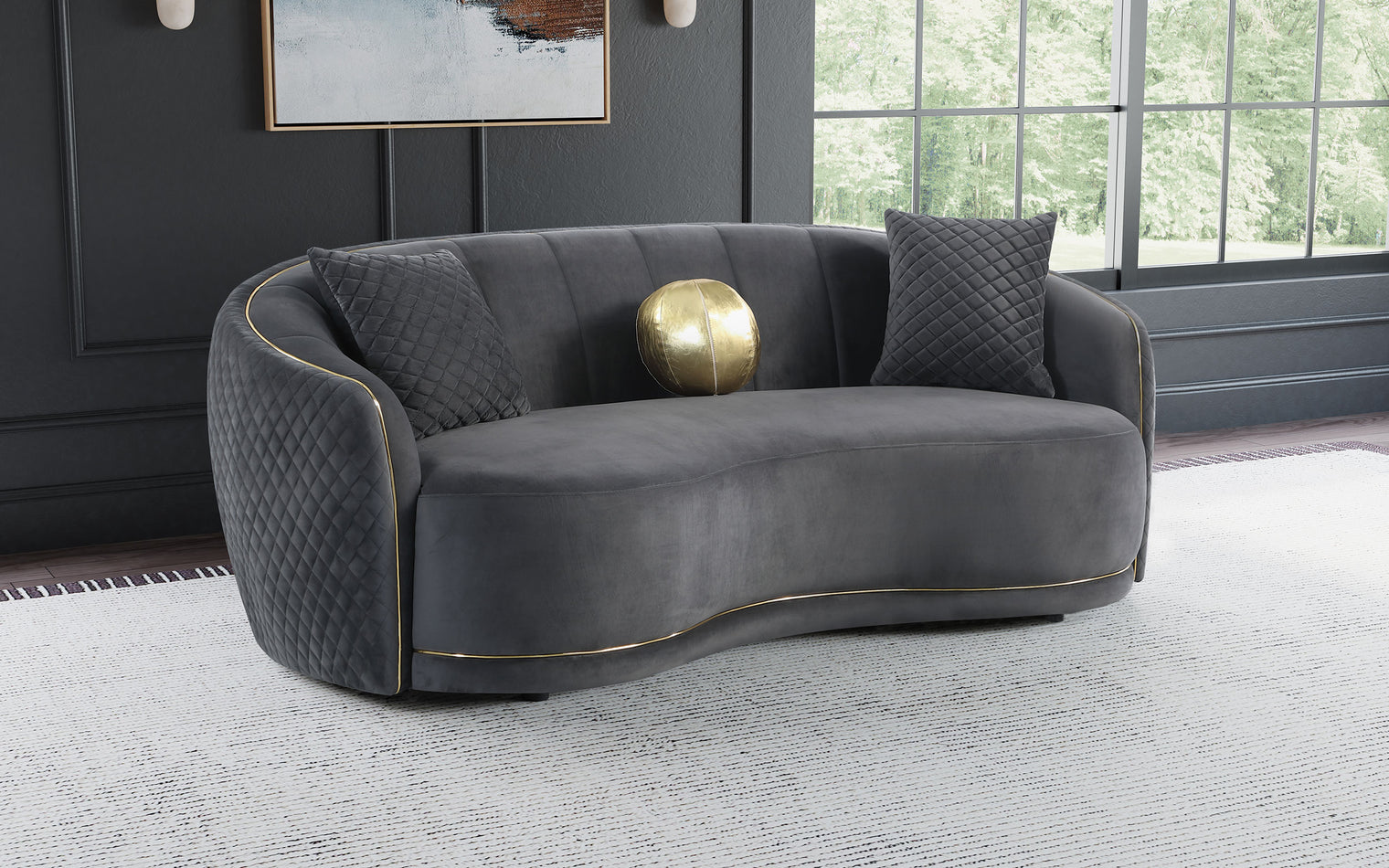 Brookside Velvet Upholstered Curved Loveseat Dark Grey