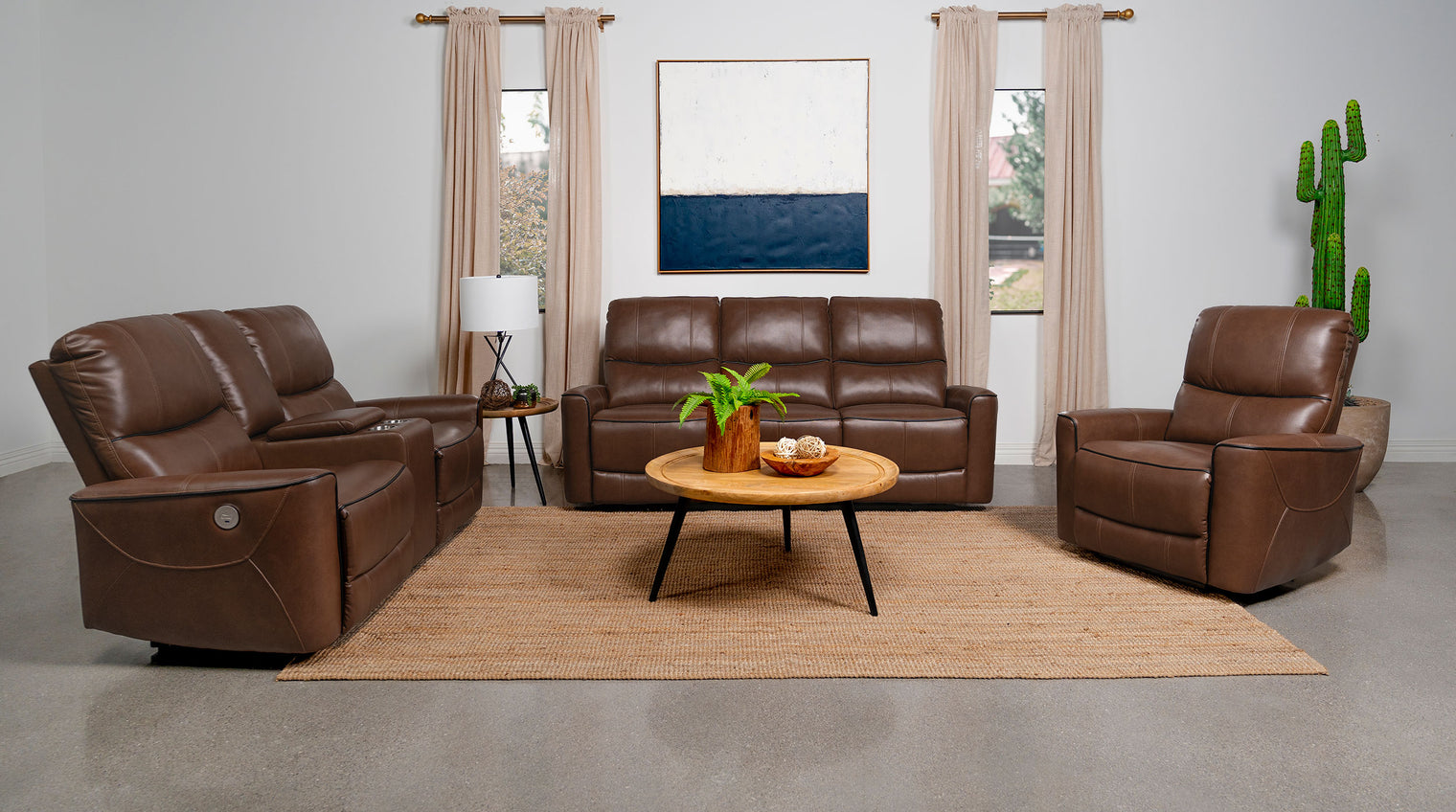 Greenfield Power Reclining Sofa Set Saddle Brown