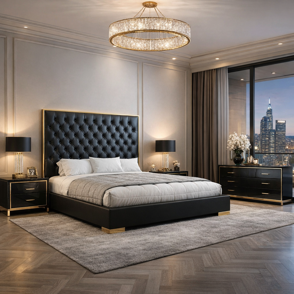 Luxury Bedroom Set in Genuine Leather with Steel Accents