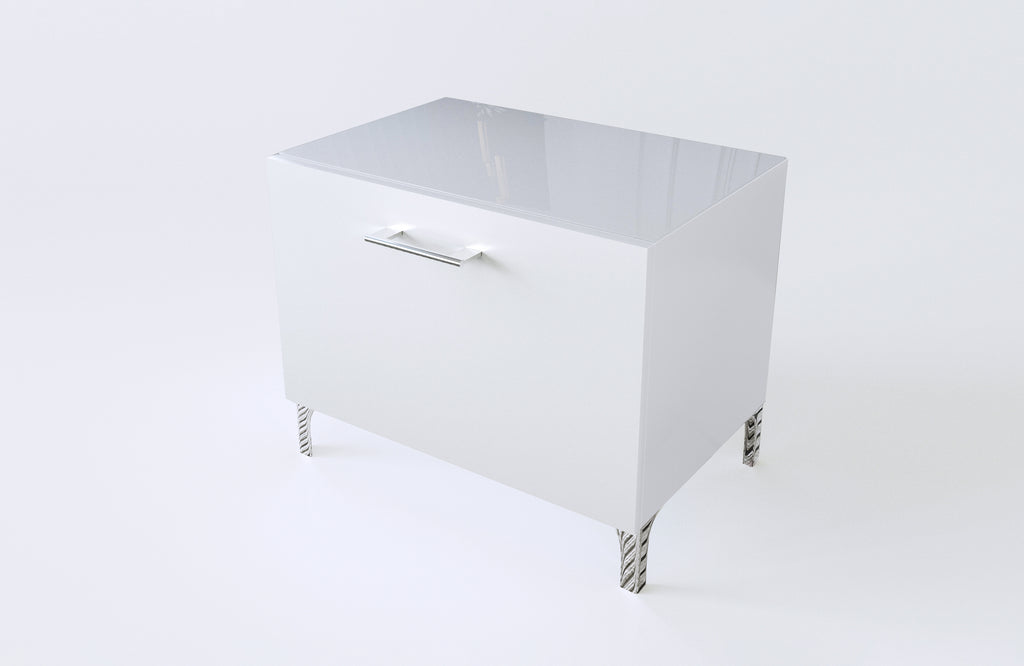 Nightstand White and Silver - Glass Top - Angle