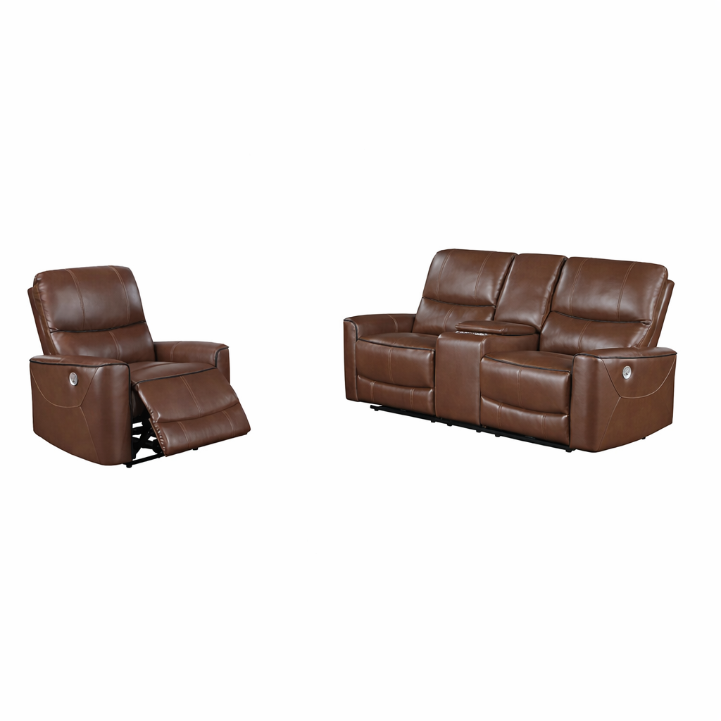 Greenfield Power Reclining Sofa Set Saddle Brown