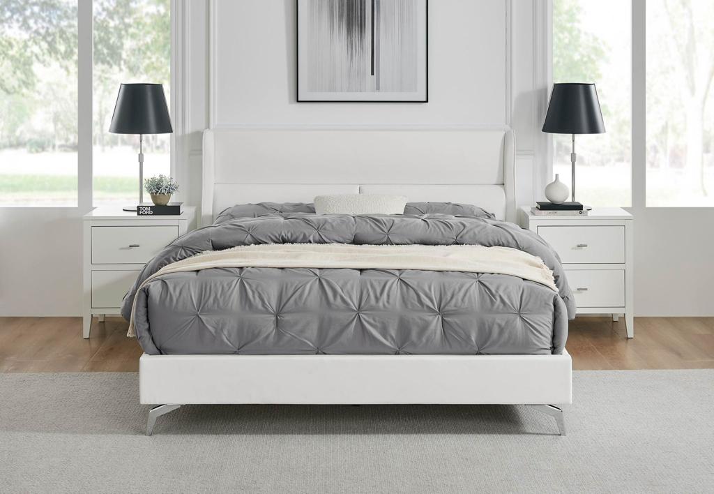 White Leather Queen Bed - Environment front