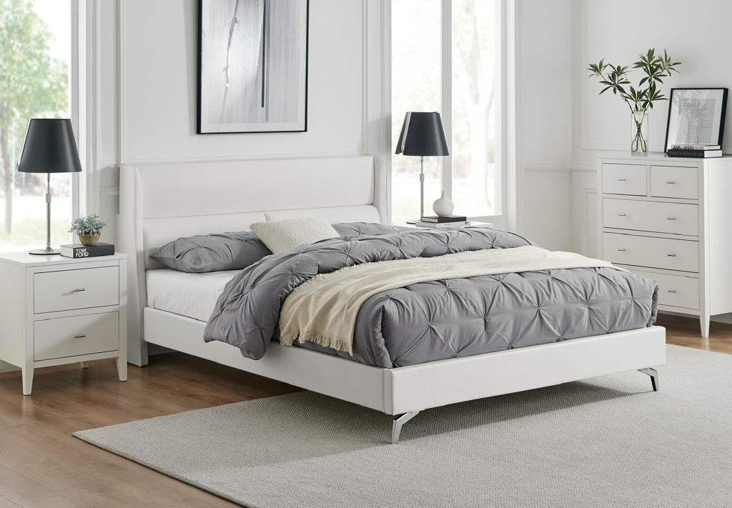 White Leather Queen Bed - Environment angle