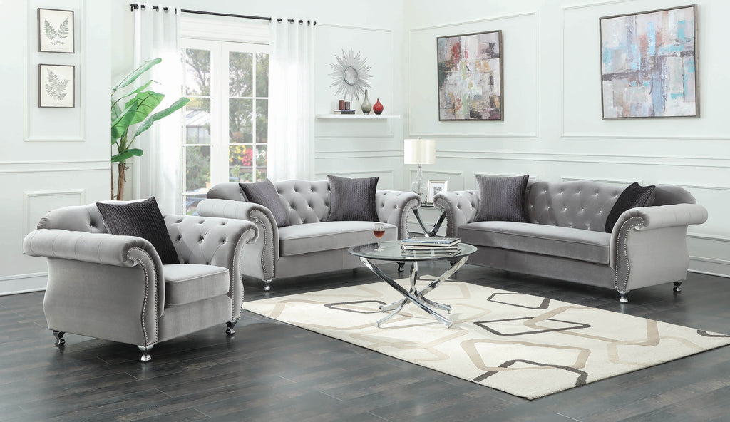 Frostine Button Tufted Loveseat Silver - Renzzi Furniture