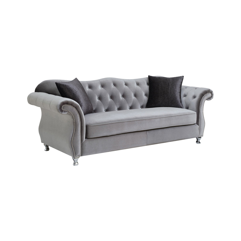 Frostine Button Tufted Sofa Silver - Angle Scaled