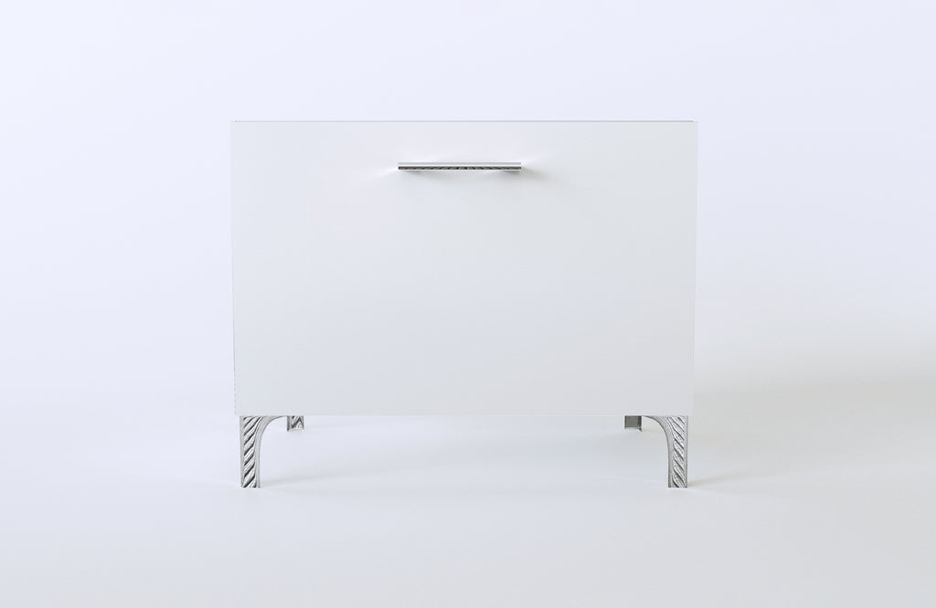 Nightstand White and Silver - Glass Top - Front