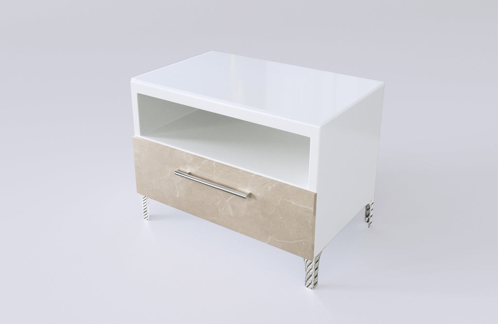 Nightstand White and Marble - Glass Top - Angle