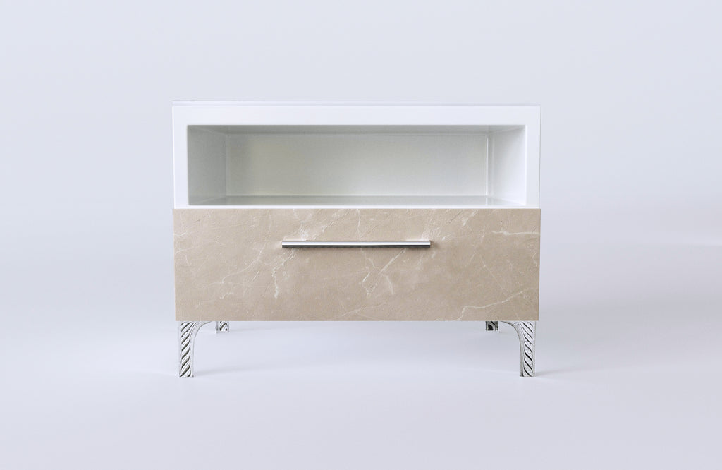 Nightstand White and Marble - Glass Top - Front